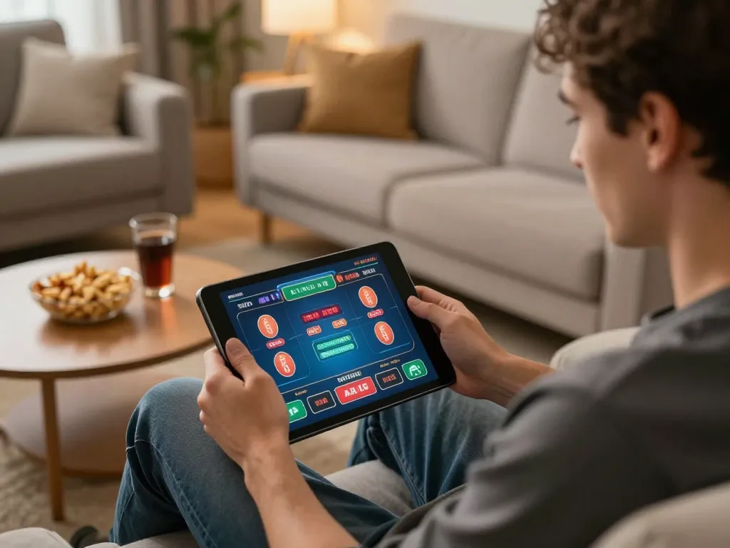 Engaging online gameplay with alexis77 on a tablet in a cozy living room setting, emphasizing responsible strategy