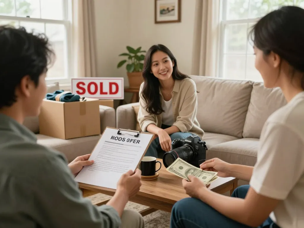 Homeowner receiving a cash offer to sell my house fast for cash, smiling in a cozy living room.