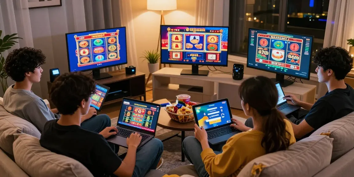Friends enjoying a cozy gaming night using casinos that accept credit cards, featuring laptops showing casino games and vibrant graphics.