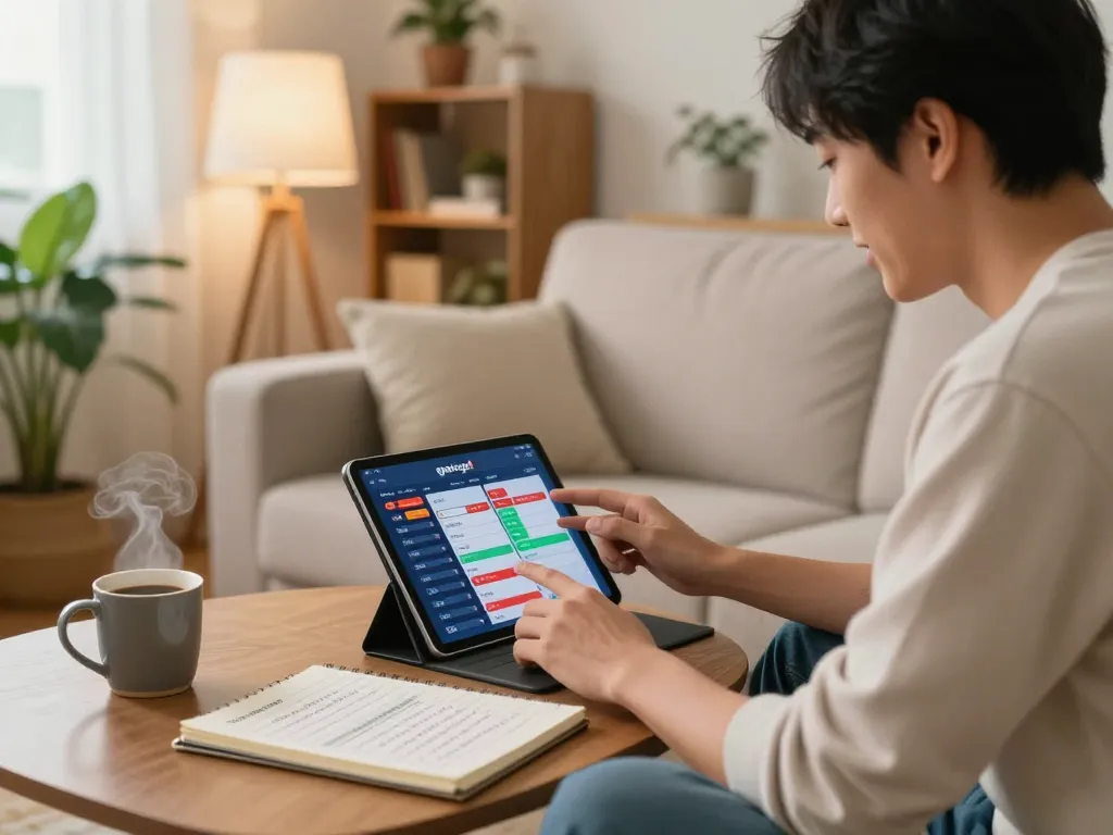 Engaged player using gtatogel app on tablet for online Togel betting in cozy home setting.
