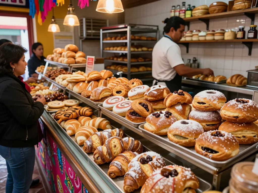 Engaging bakery scene featuring traditional pan dulce guide with fresh conchas and cuernos on display.