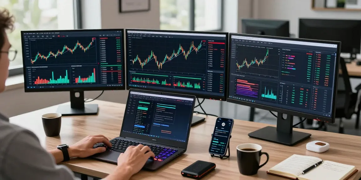 cloud mining company setup with secure crypto trading interfaces, digital wallets, and DeFi platforms in a modern office.