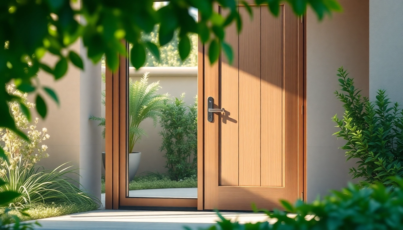 Unique single leaf swing door framed by a vibrant garden, showcasing its sleek design and natural elements.
