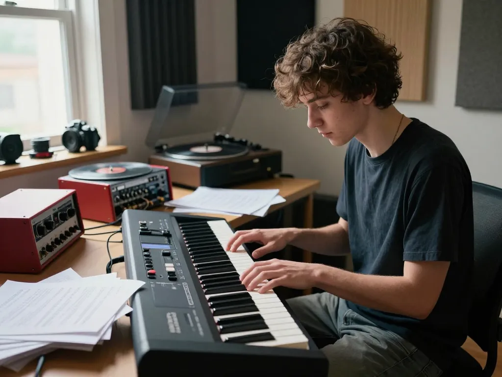 Engaged musician playing the go 88 digital piano in a vibrant home studio, surrounded by music notes and audio equipment.