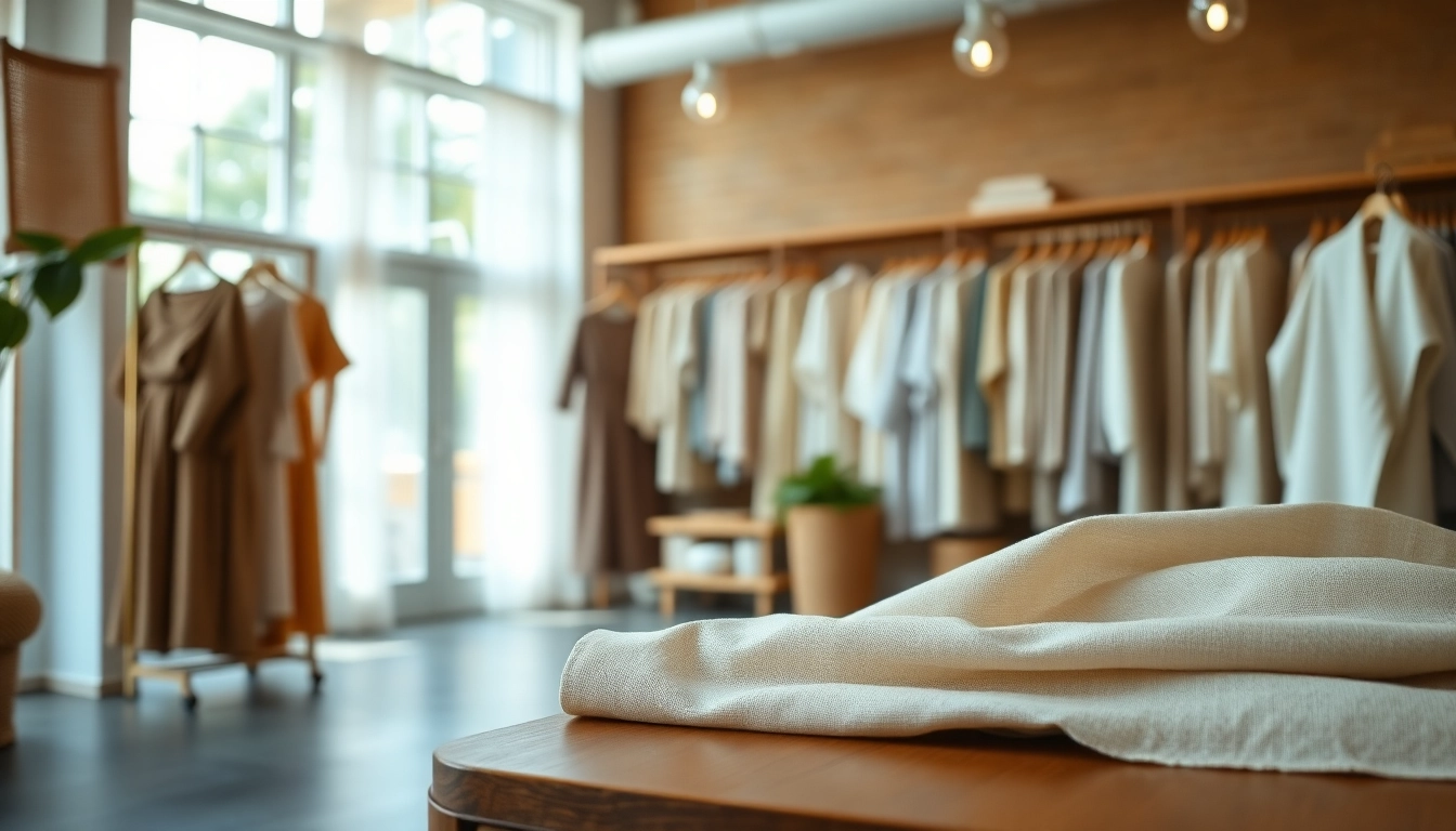 Hoogwaardige linnen stoffen op een houten tafel in een stijlvolle, lichte showroom.