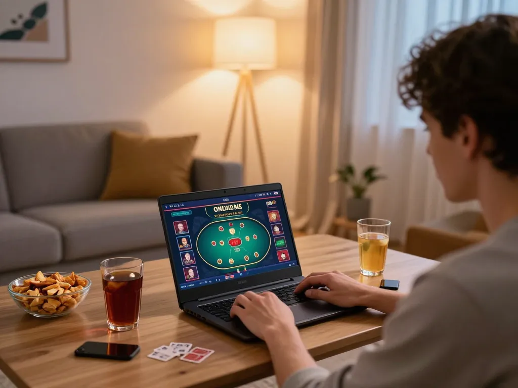 Engaged player exploring ATQ online casino gameplay from a cozy living room setting.