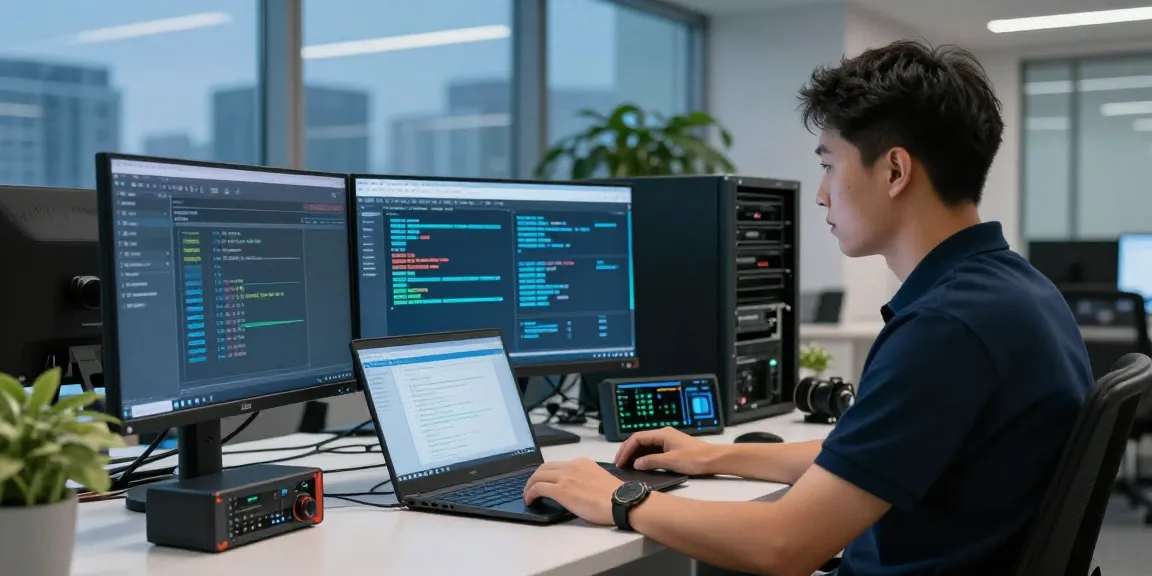 IT technician monitoring shs-dome5.com security protocols in a modern workspace.