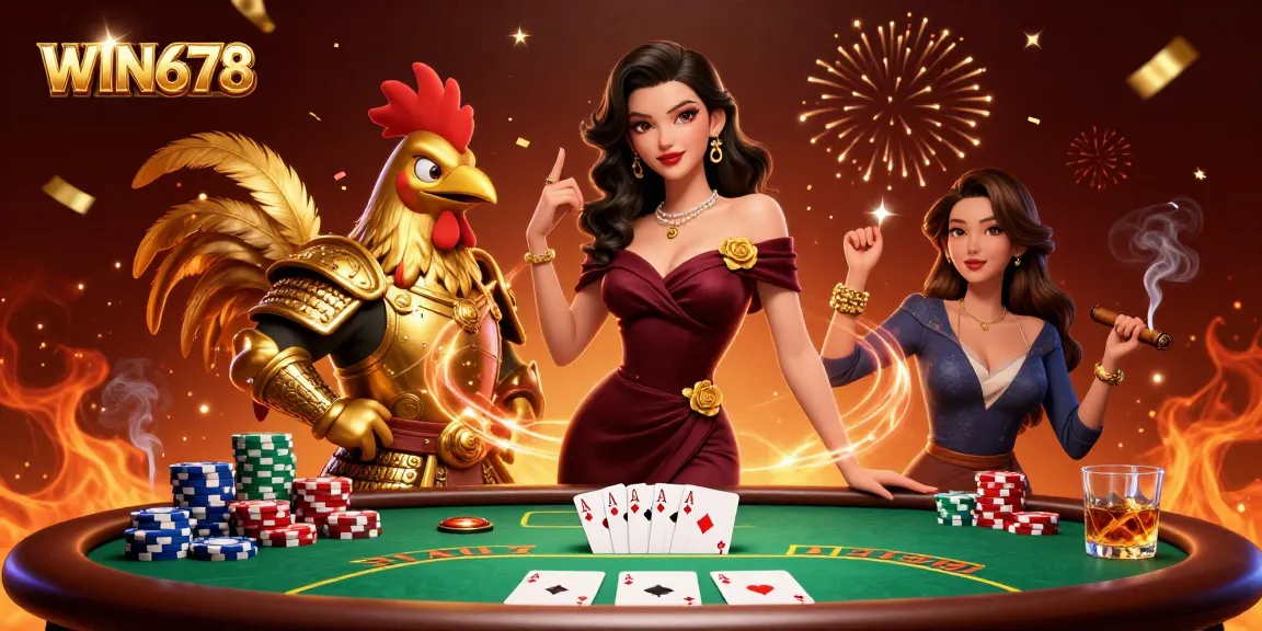 WIN678 features a stunning 3D scene with a glamorous woman and a golden rooster warrior betting at a poker table.