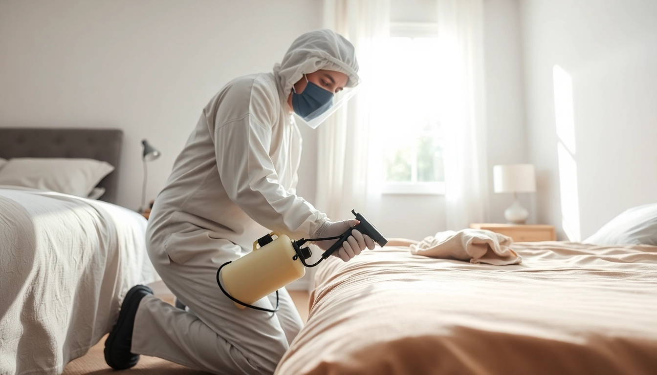 Applying bed bug chemical treatment by a pest control expert in a bright bedroom.