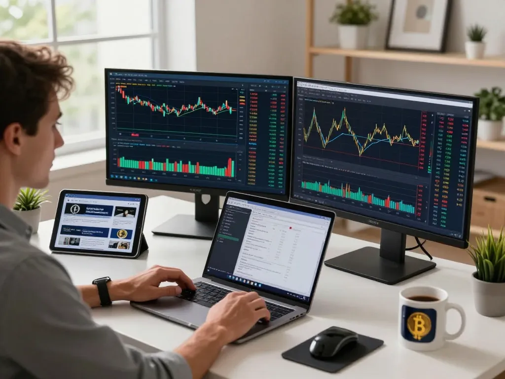 Focused individual analyzing automated crypto income in a modern home office with trading screens and real-time news updates.
