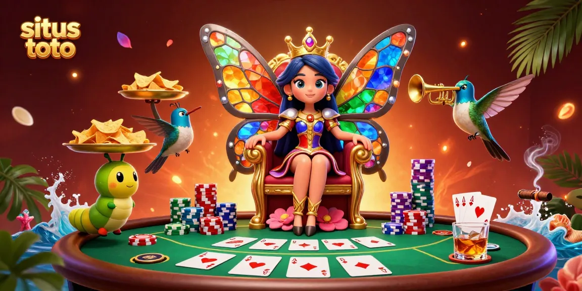 Experience situs toto gaming thrills with a vibrant 3D illustration featuring dynamic poker and colorful characters.