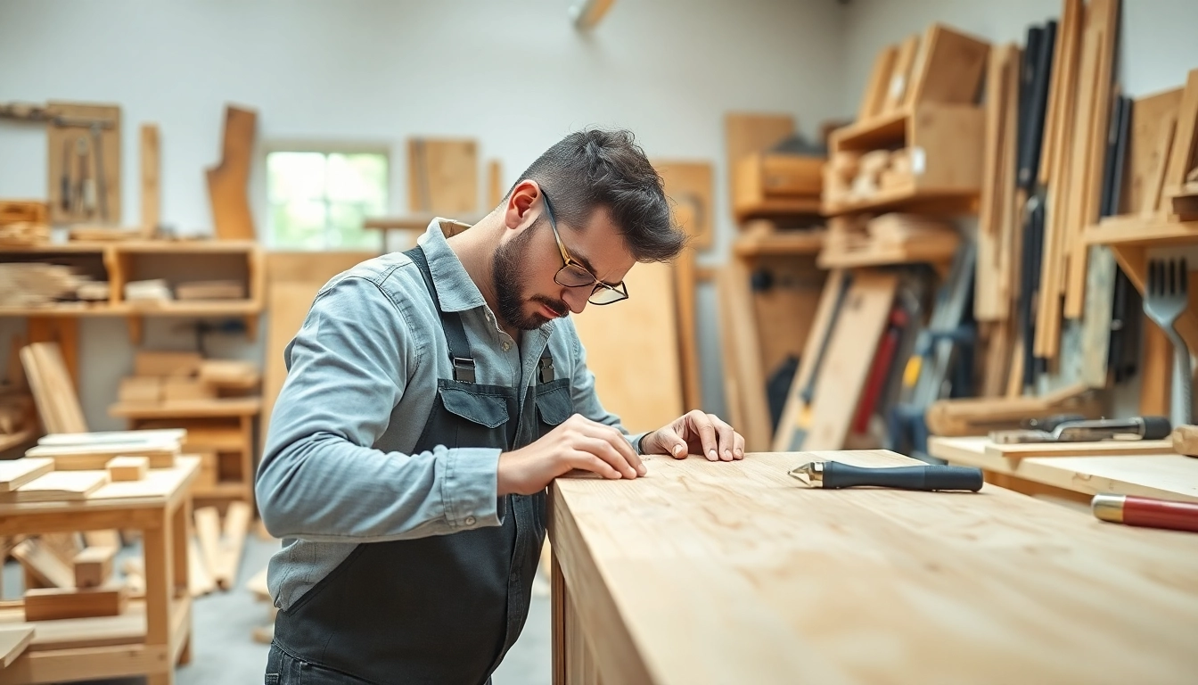 Carpentry apprenticeship demonstrating techniques in a bright wooden workshop.