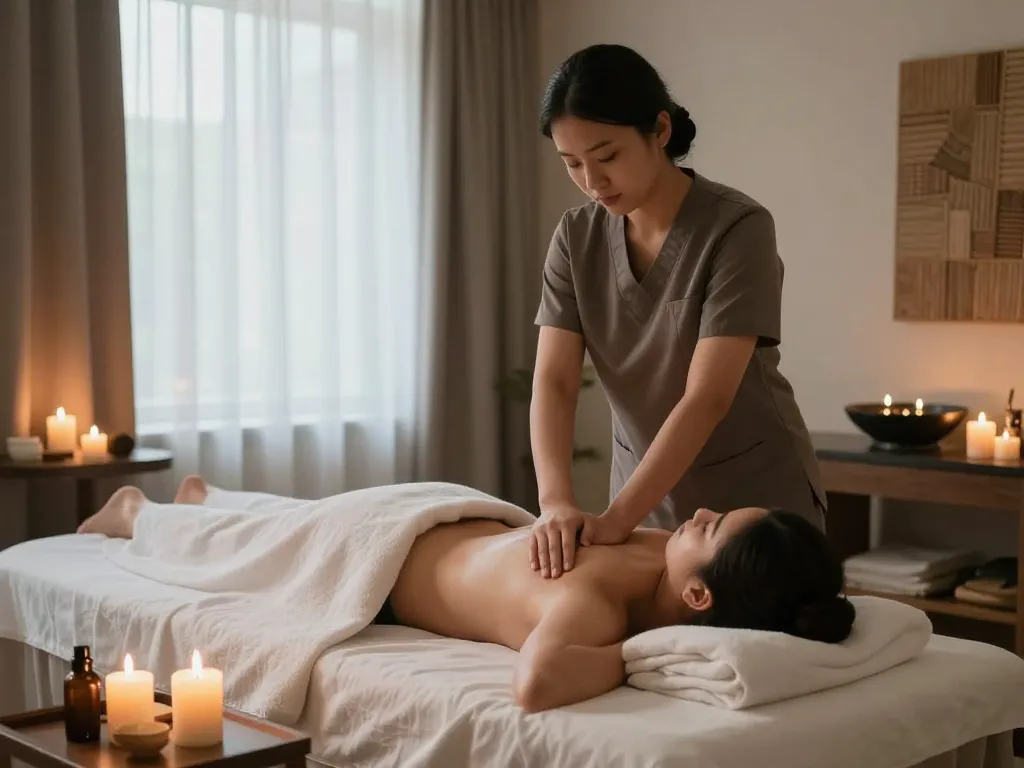 Inviting Swedish massage scene at https://www.makangs.com/region/국내/서울-/마사지-스웨디시, featuring therapist in tranquil spa.