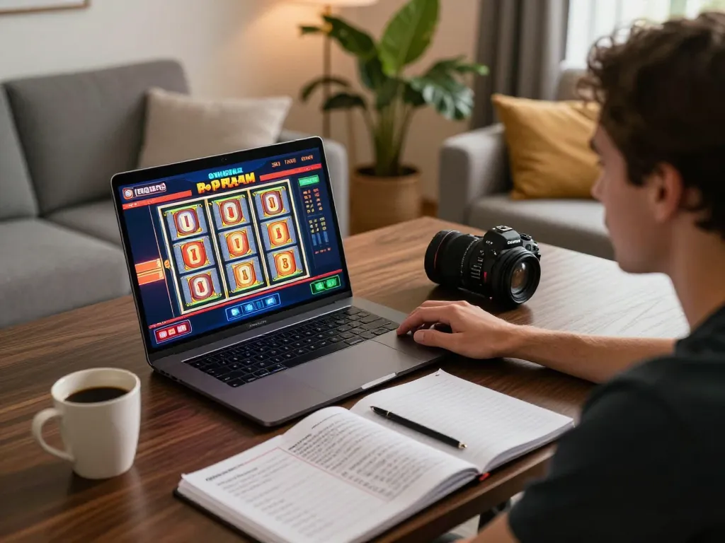 Play exciting slot games at home with เว็บตรงสล็อต on a laptop, showcasing responsible gaming setup.