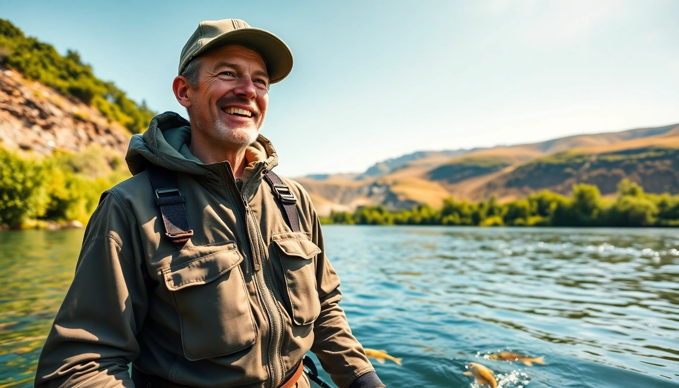 Individual enjoying the outdoors in fly fishing apparel by a river, showcasing vibrant gear.