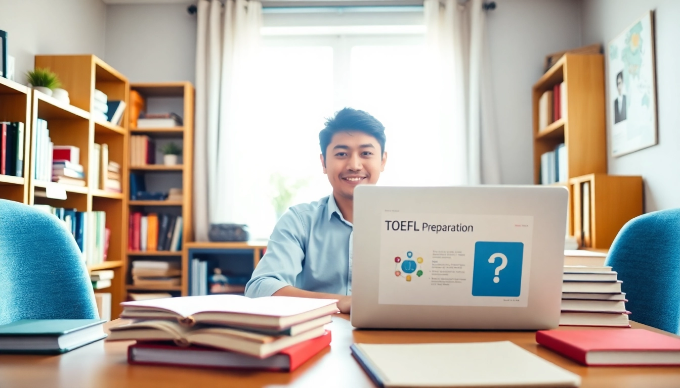 Engaged student paying someone to take toefl in a bright study room surrounded by books.