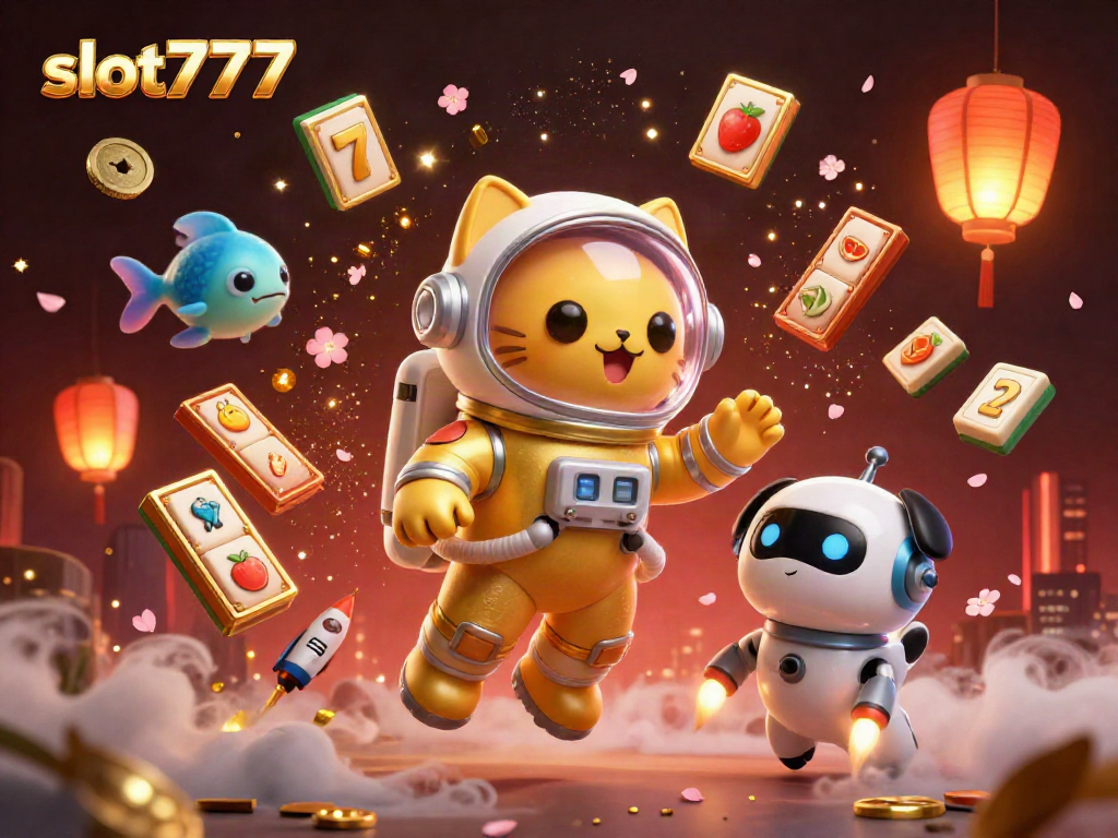 Permainan slot777 menampilkan kucing astronaut 3D dalam situasi luar angkasa, dikelilingi simbol-simbol perjudian yang berlimpah.