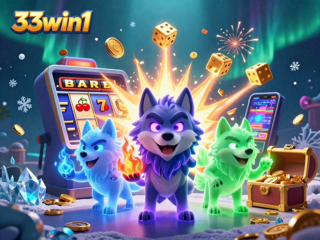 Win big with 33win1's exciting casino game scene showcasing a magical wolf leader.