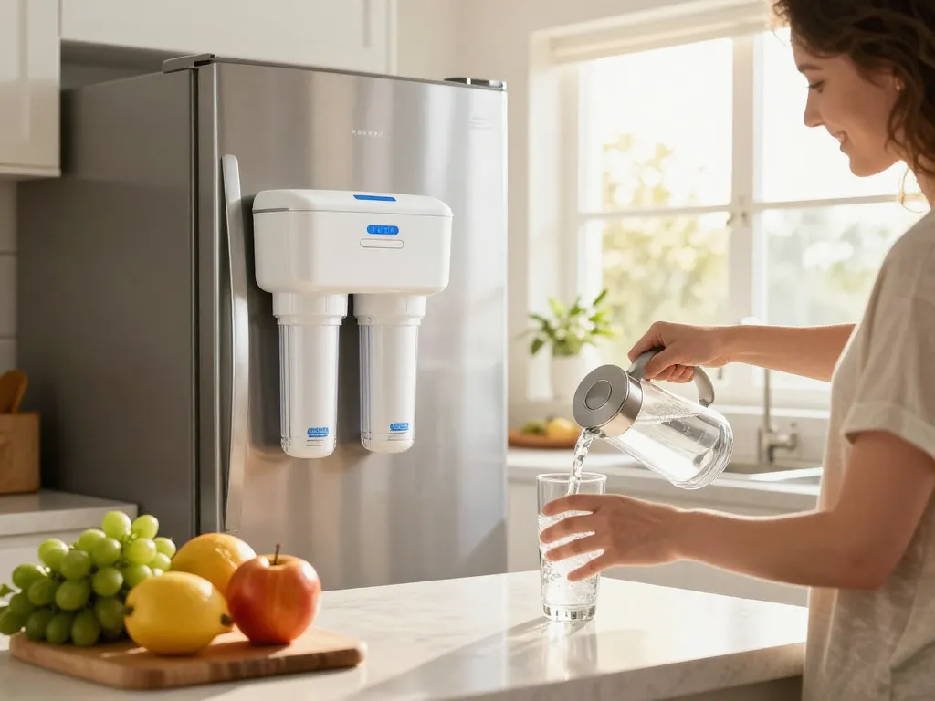 Waterdrop Plus LT1000PC ADQ747935 Refrigerator Water Filter in a sunny kitchen, showcasing safe drinking water.
