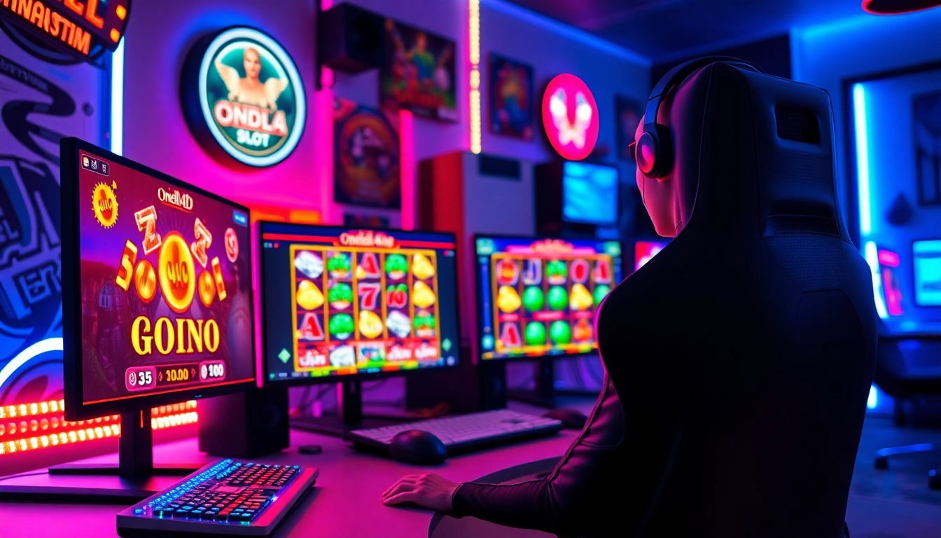 Mainkan ondel4d slot dengan antusias di ruang kerja gamer yang ceria dan penuh warna.