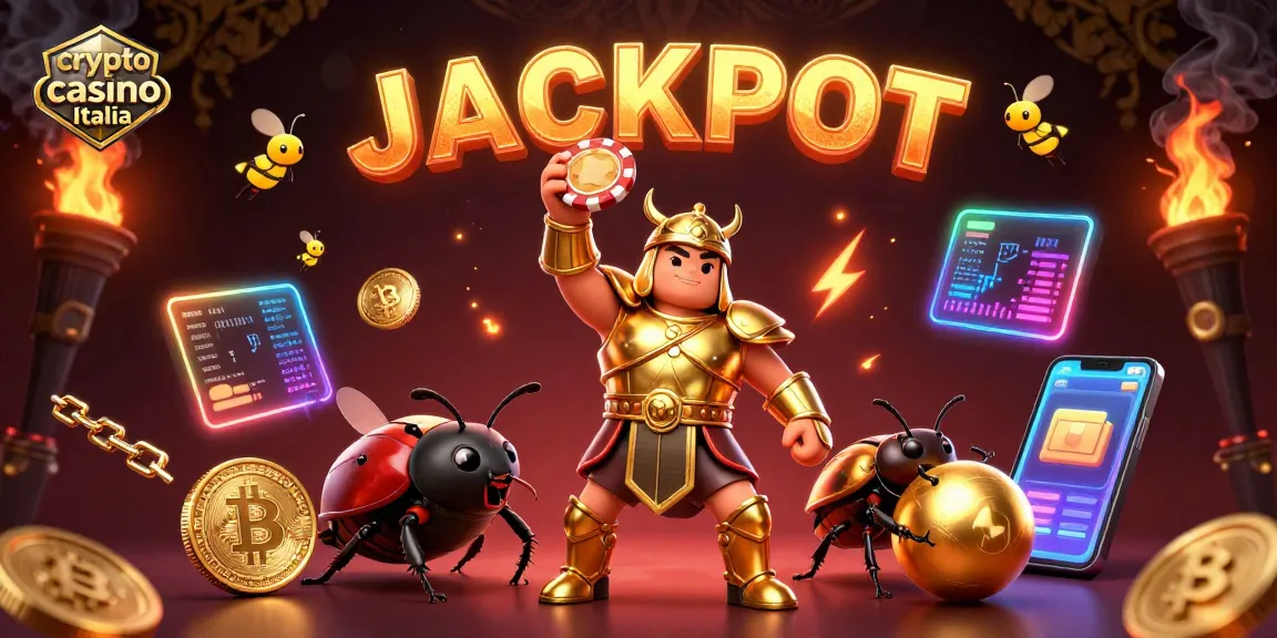Crea il tuo avatar di un crypto casino Italia mentre sollevi una fiches in oro, circondato da monete Bitcoin e Ethereum.