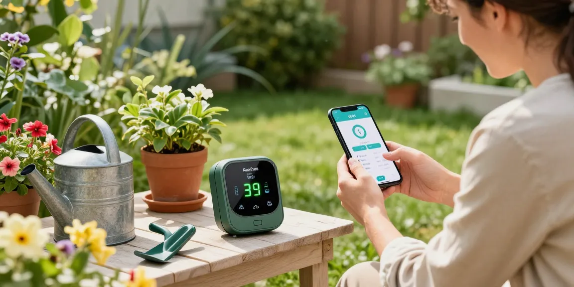 Homeowner using RainPoint WiFi water timer in vibrant garden, smart gardening.
