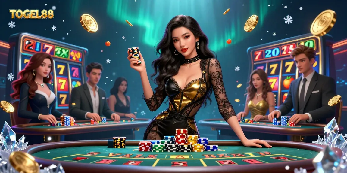 Win big with TOGEL88 at a glamorous baccarat table, showcasing high-value chips and vibrant casino elements.