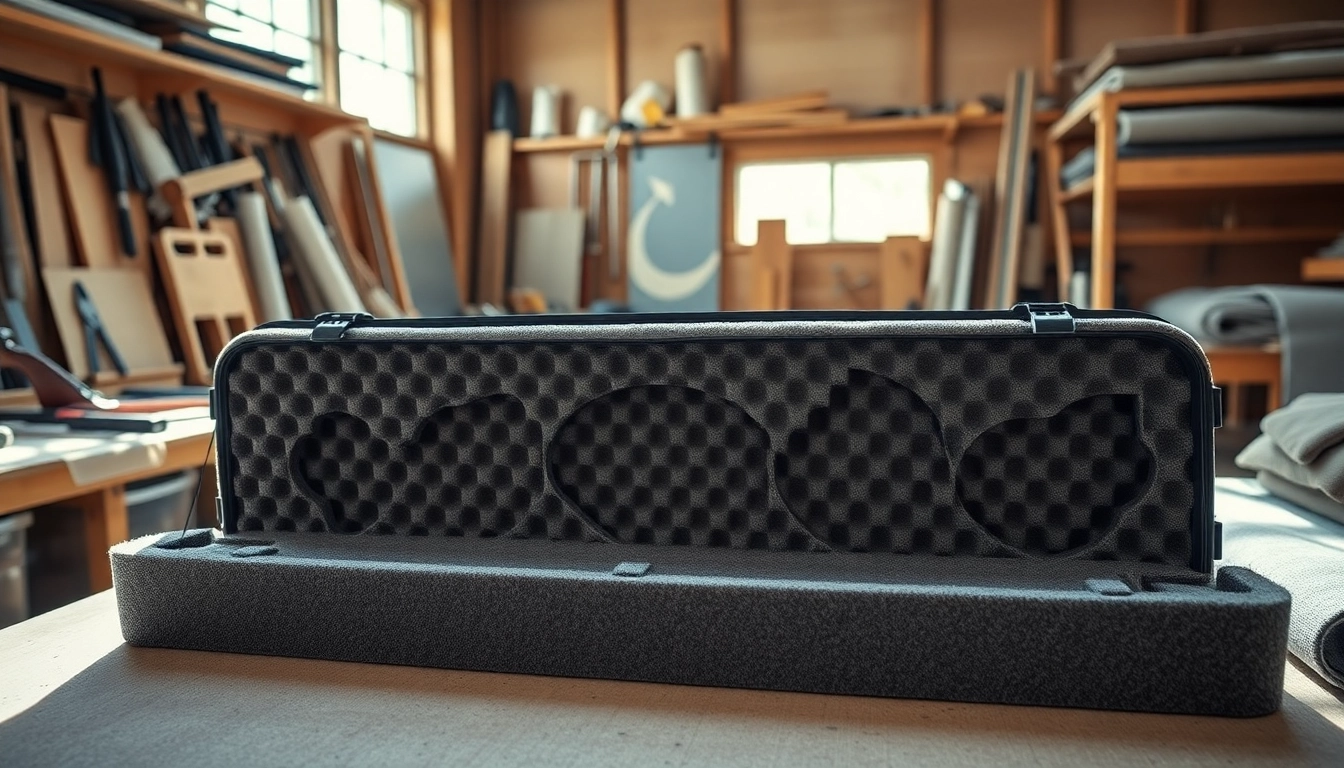 Showcasing foam for rifle case with precision cuts in a well-lit workshop setting.