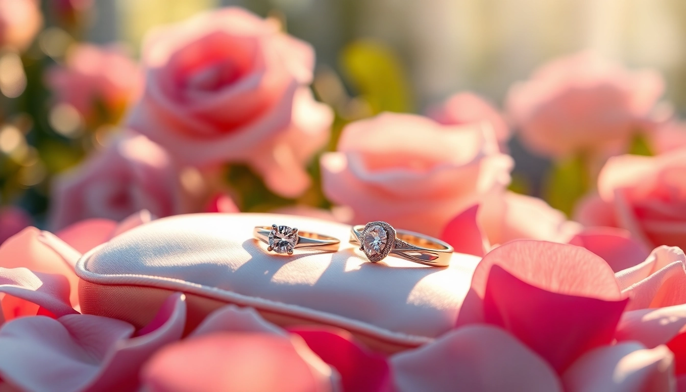Showcase of exquisite wedding rings on a satin cushion, surrounded by rose petals and gentle sunlight.