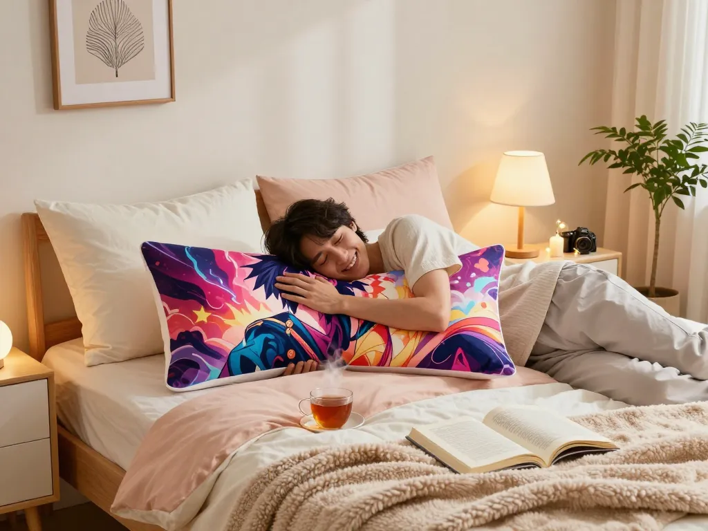 Embracing a custom body pillow in a cozy bedroom with soft lighting.