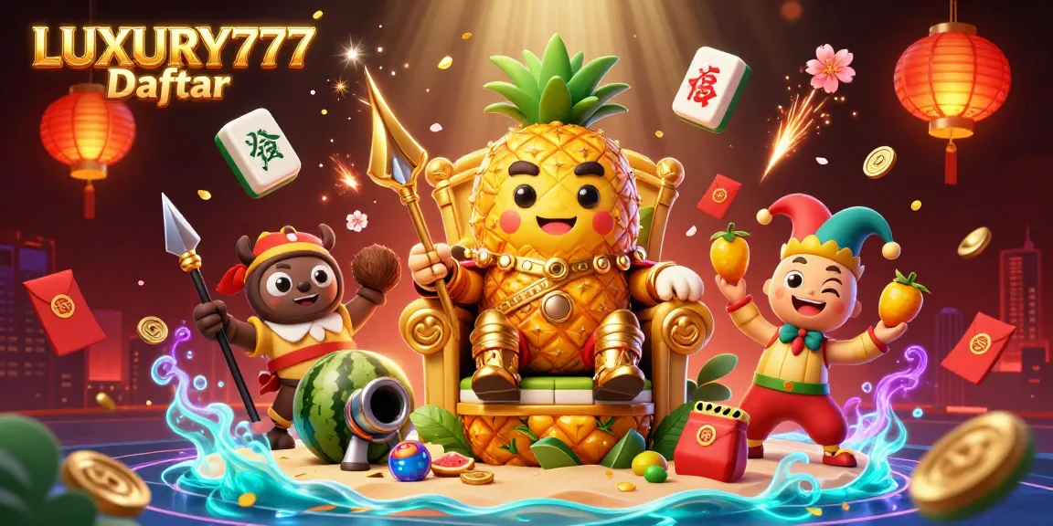 LUXURY777 Daftar memperlihatkan raja nanas emas dengan penjaga kelapa di kasino pantai yang ramai.