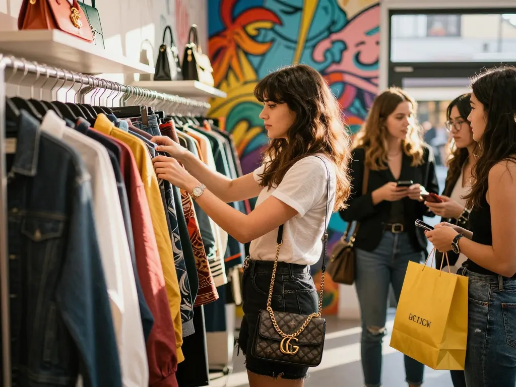Shopping experience featuring stylish 레플리카 handbag and vibrant urban backdrop