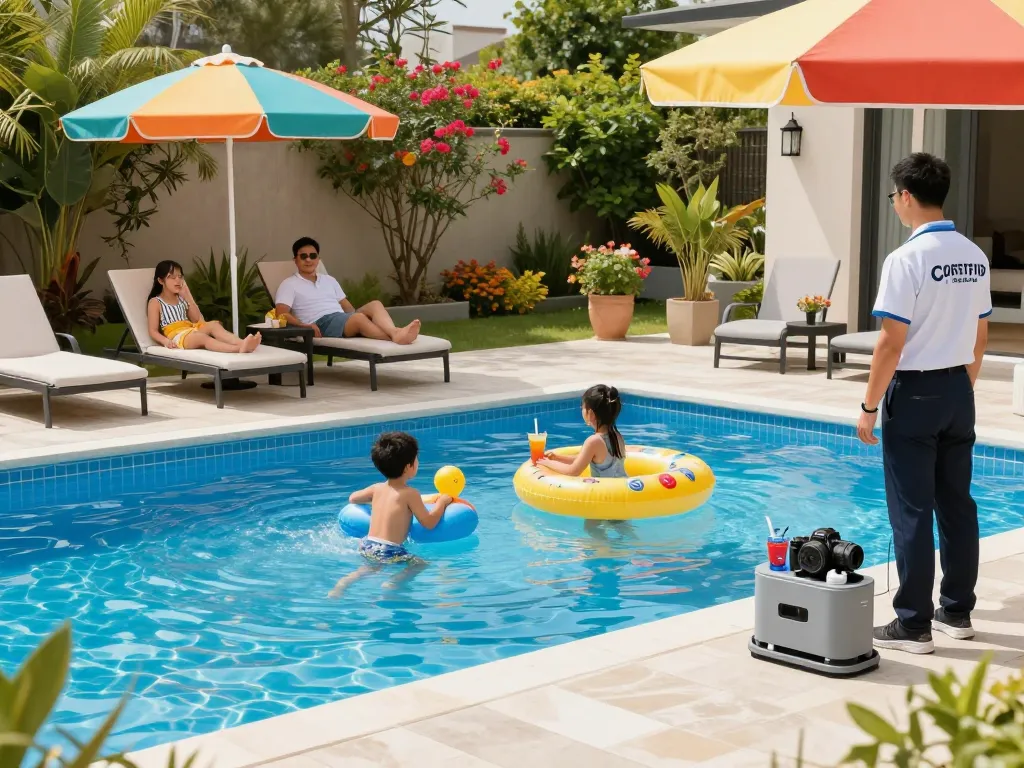 Dolphin Pool Services certified technician inspecting pool equipment while a family enjoys their pool.