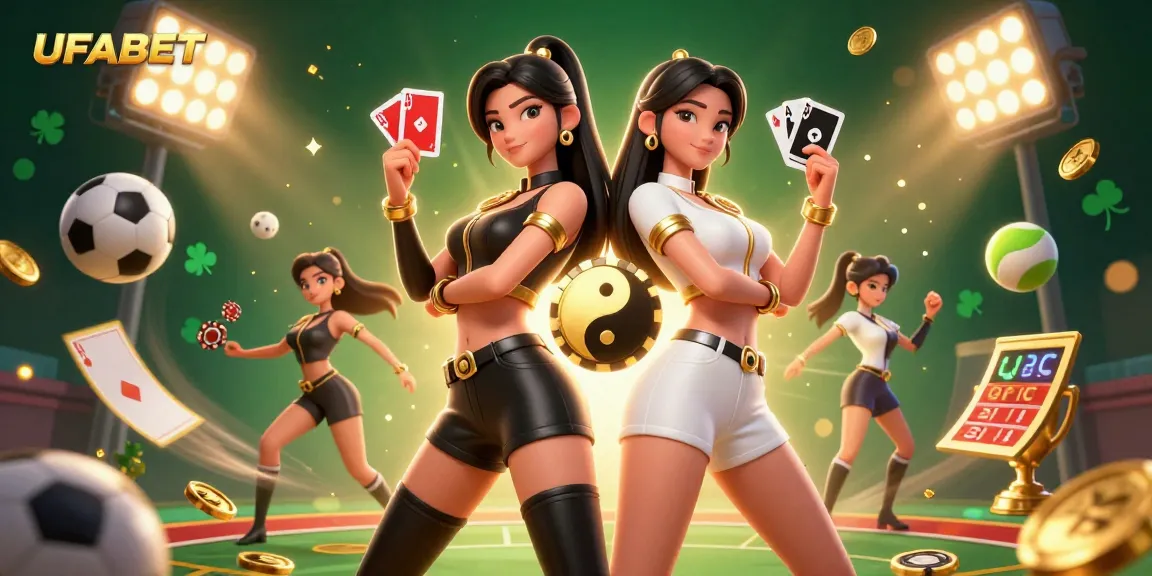 Engage with UFABET's dynamic gaming experience through stunning visuals of twin Asian women holding cards.