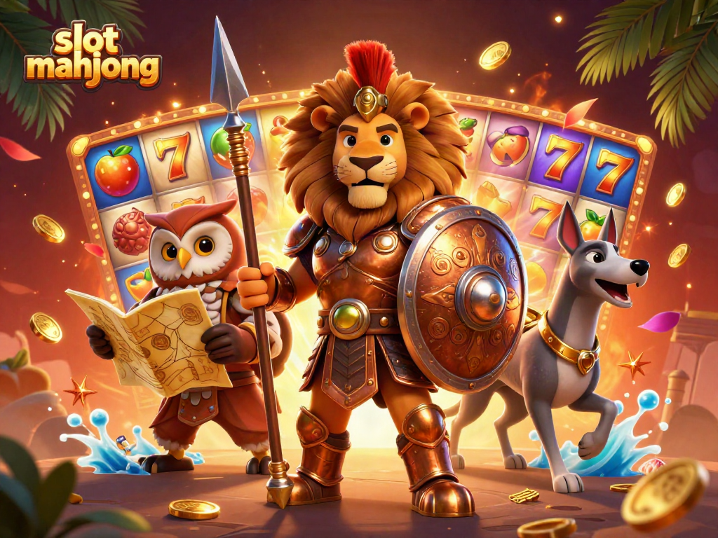 Experience the excitement of slot mahjong with vibrant spinning reels and dynamic characters.