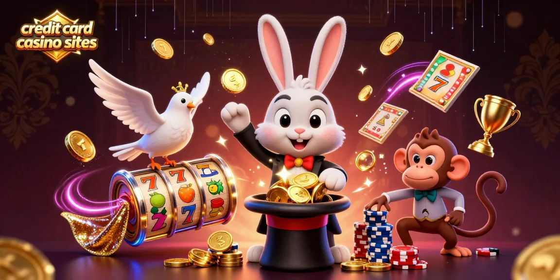 Experience the thrill of credit card casino sites with a magician rabbit, sequined dove, and poker monkey surrounded by slots.