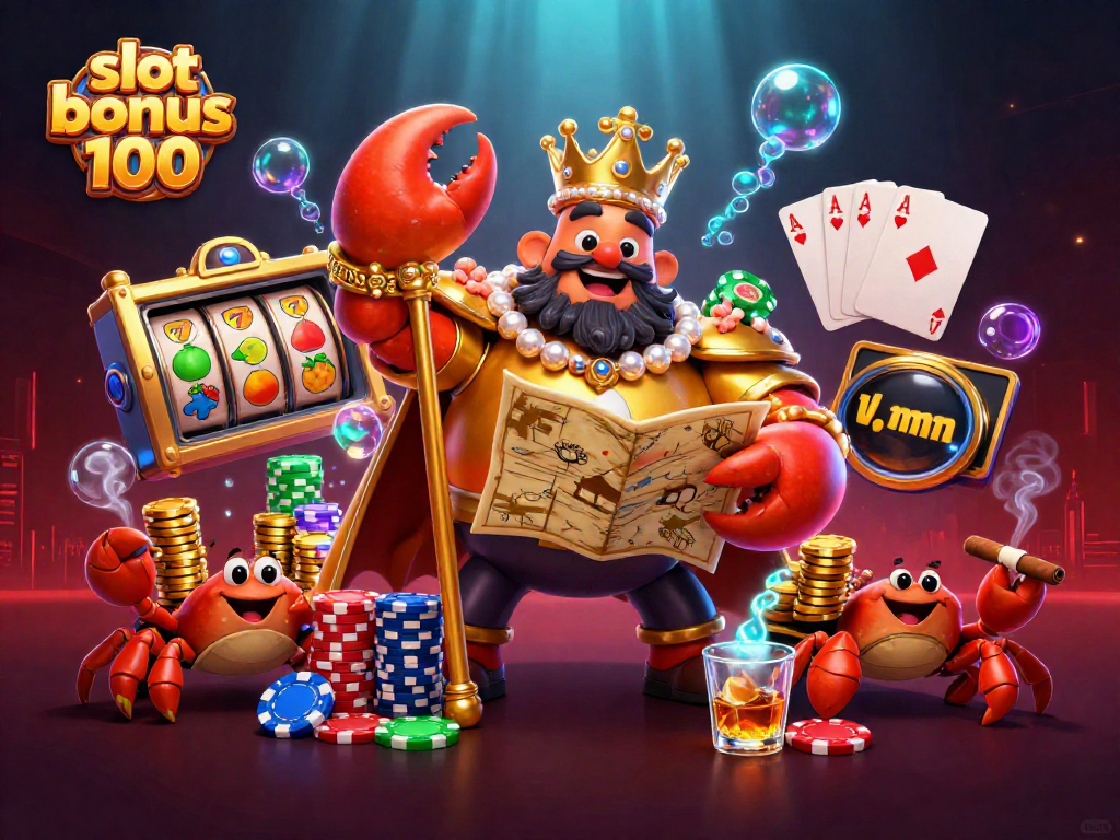 Experience the thrill of slot bonus 100 with vibrant 3D illustrations of a golden crab emperor and slot reels.