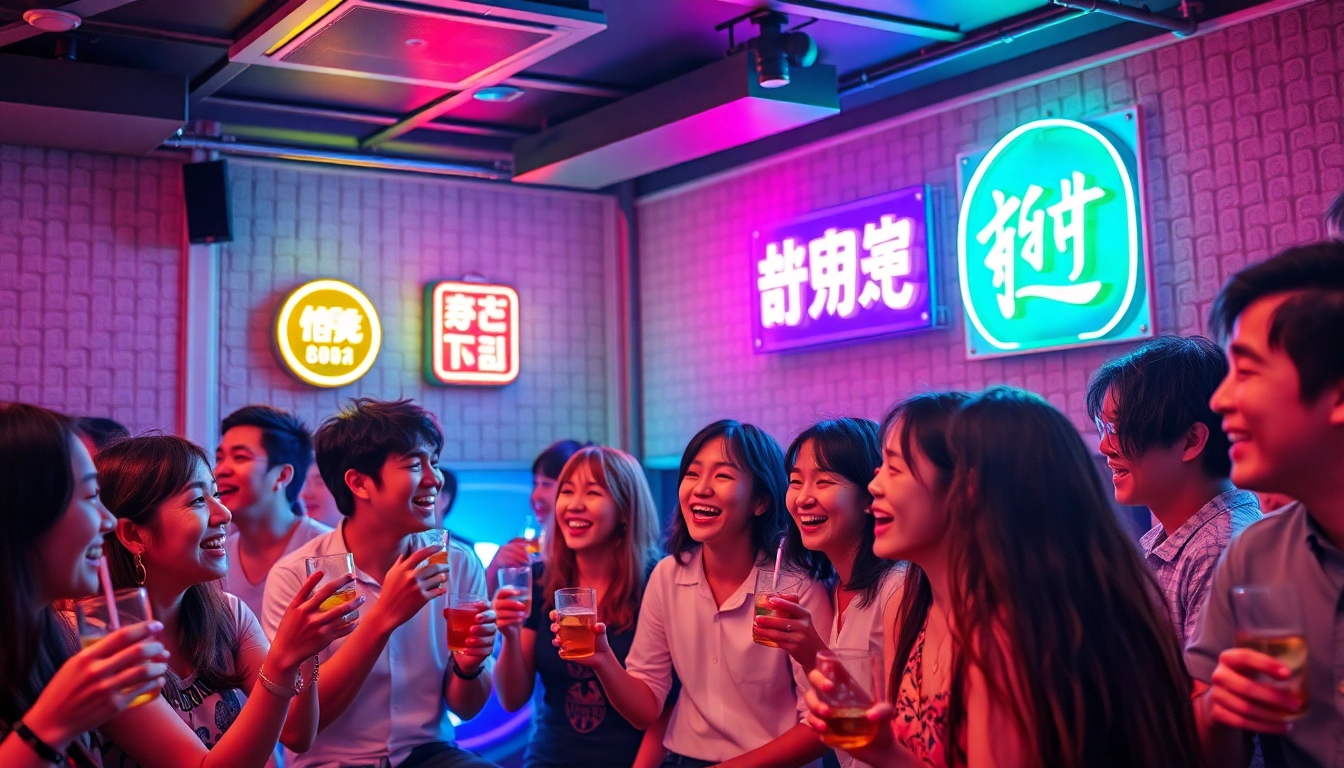 친구들과 함께 노래하며 밤문화를 즐기는 활기찬 제주도유흥 노래방 장면.