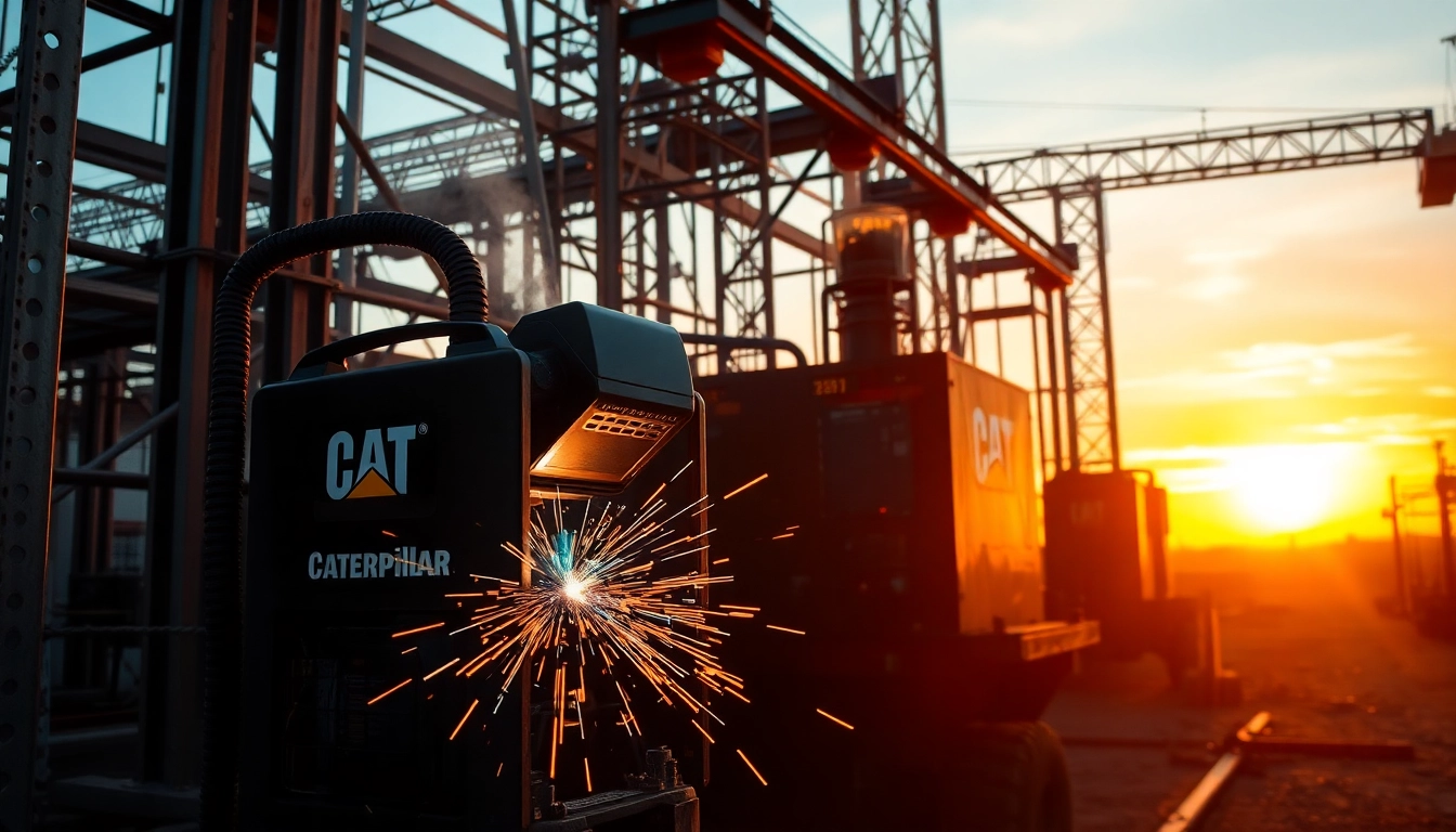 Caterpillar welding machines operate at sunset, showcasing skilled craftsmanship and strength in construction.