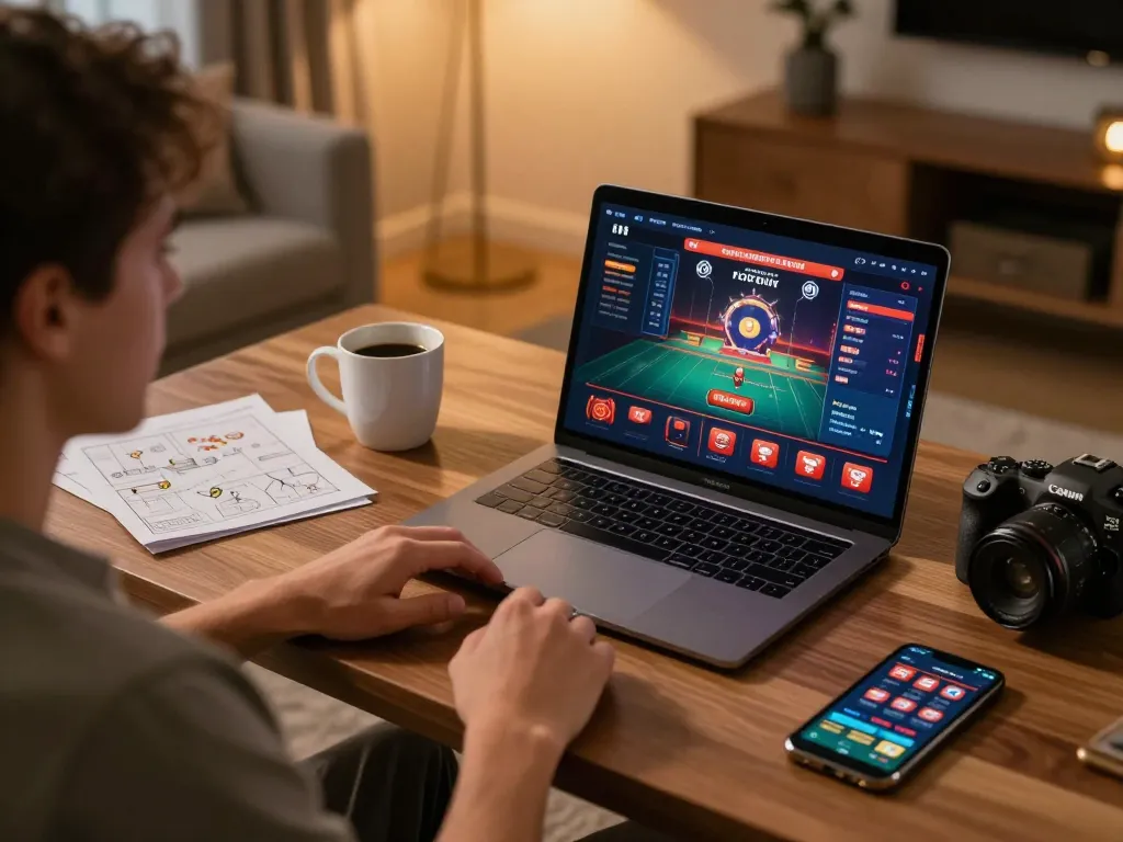 Person engaged in online gambling at a stylish setup, highlighting nhà cái uy tín and strategic gameplay.