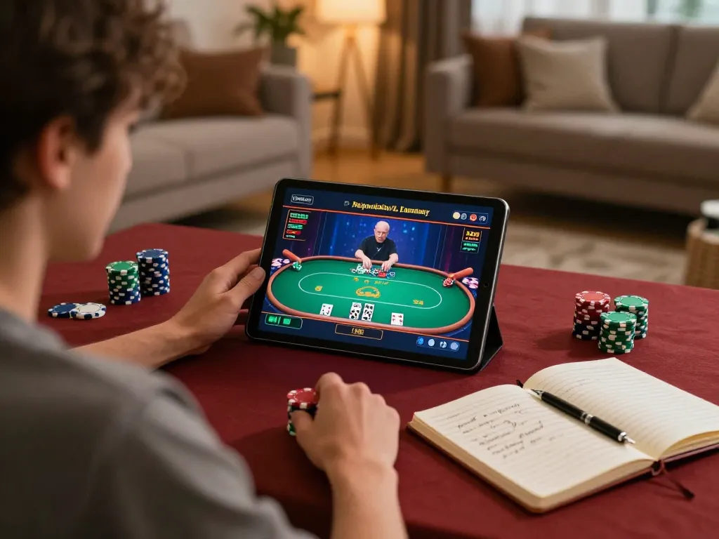 Engaging scene of a player immersed in top quality widgets for a poker game on a tablet.