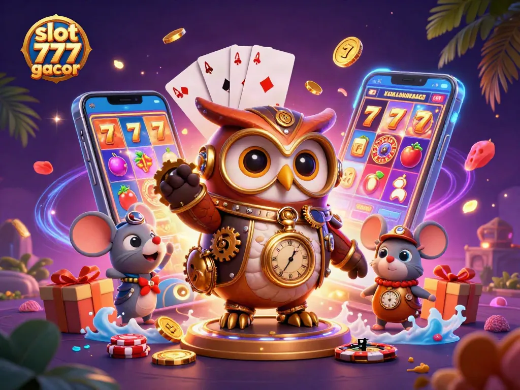 Putar slot 777 gacor dengan karakter kartun menarik dan elemen kasino futuristik.