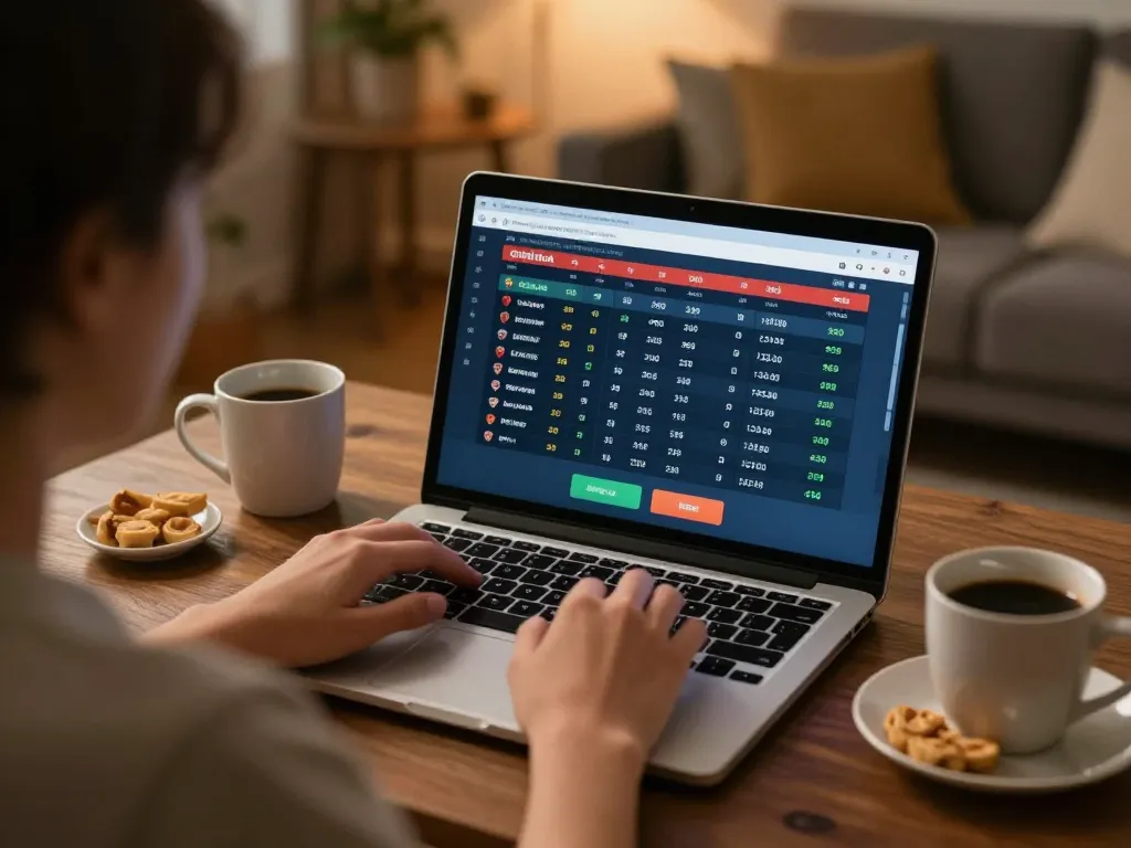 Engaging in parlay bola betting on a laptop, showcasing a relaxed home gaming atmosphere.