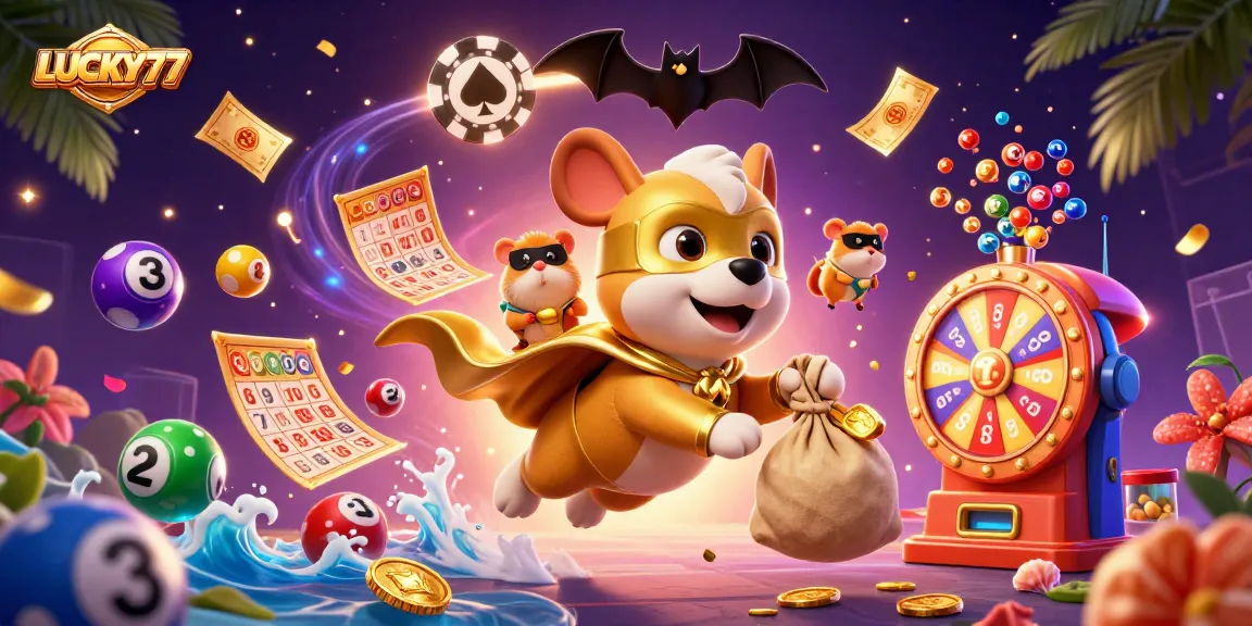 Engage with LUCKY77 as the superhero dog and hamster celebrate a big win in a vibrant casino scene.