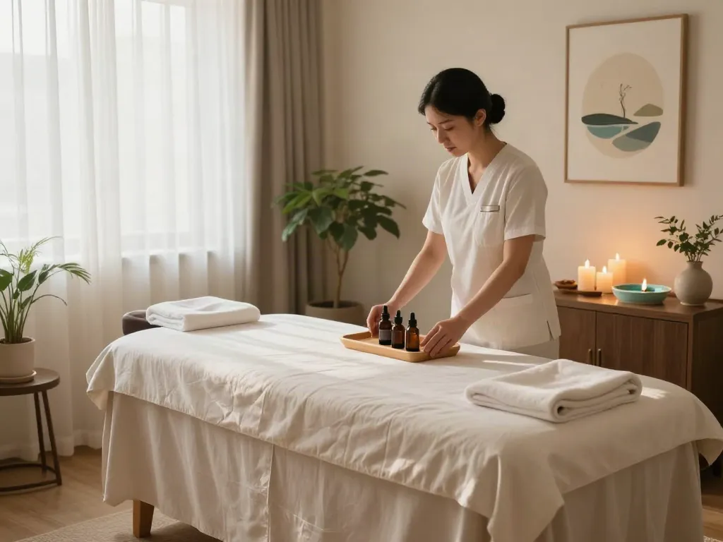 Serene 청라출장마사지 spa scene with elegant massage room, calming decor, and aromatherapy.