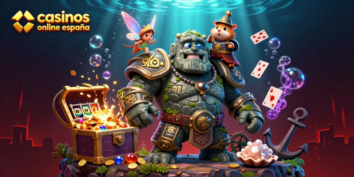 Jugando en casinos online España con un golem, una hada mágica, y un caballero mientras celebra grandes premios.