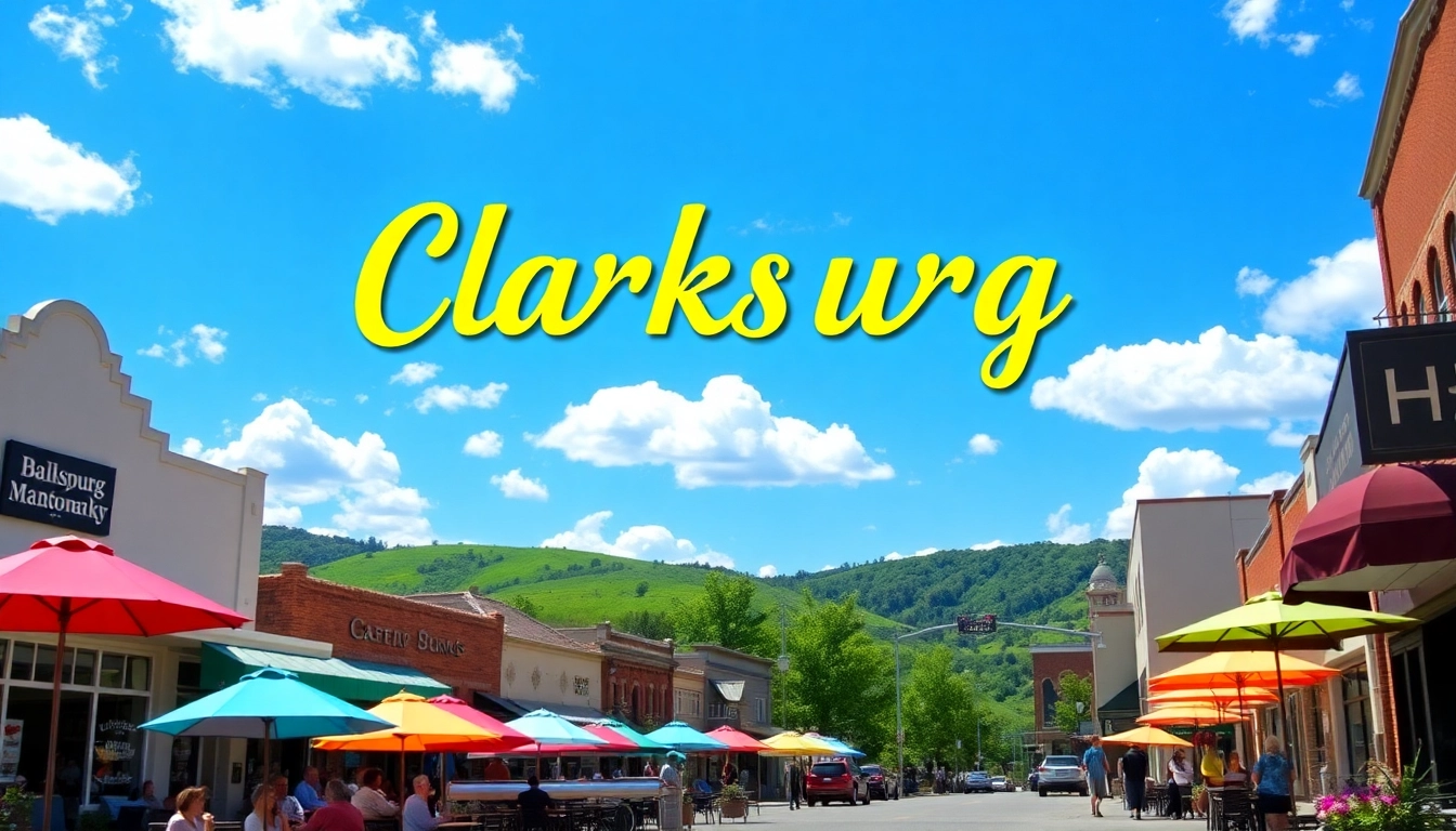 Clarksburg's vibrant downtown with outdoor seating and scenic hills in the background.