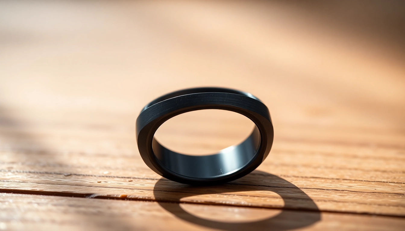 Showcase Black Wedding Rings for Men with intricate design details on a wooden surface.