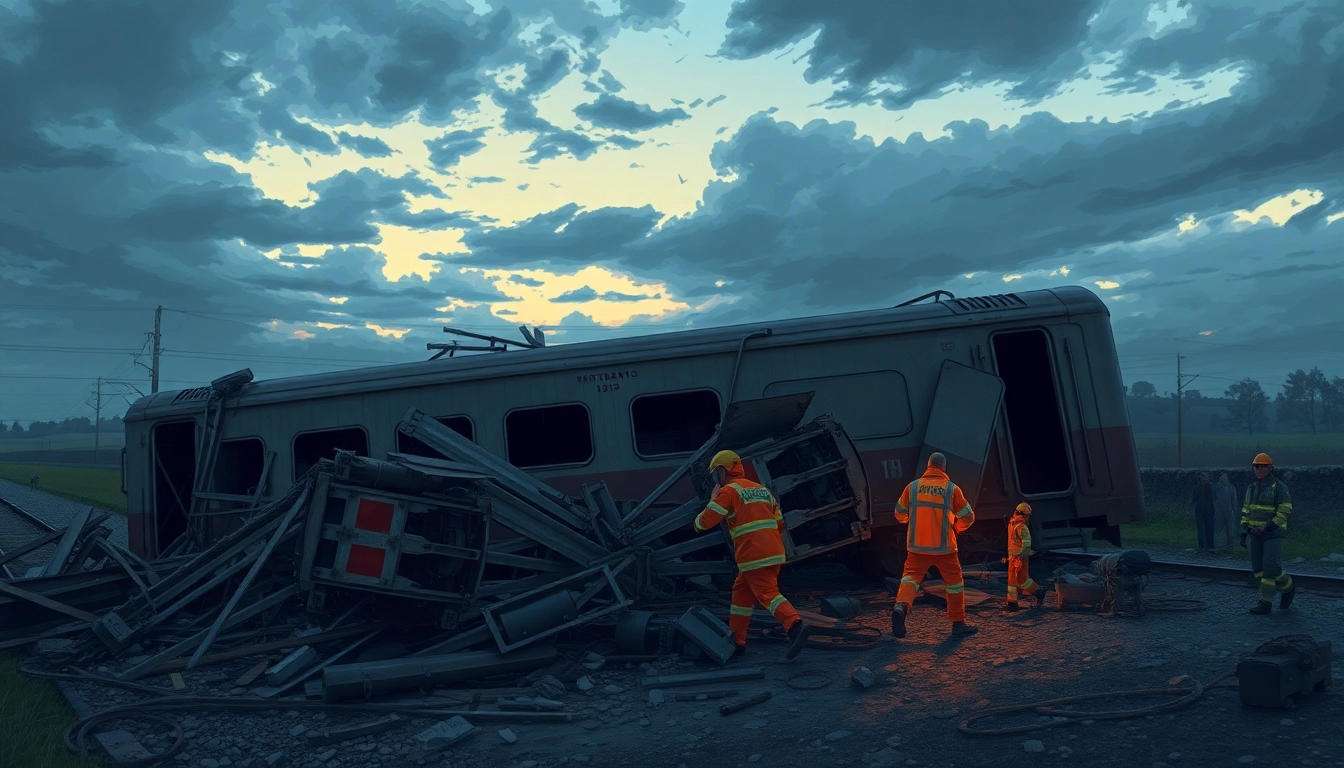 Scene depicting a spain train crash with emergency responders and twisted wreckage.