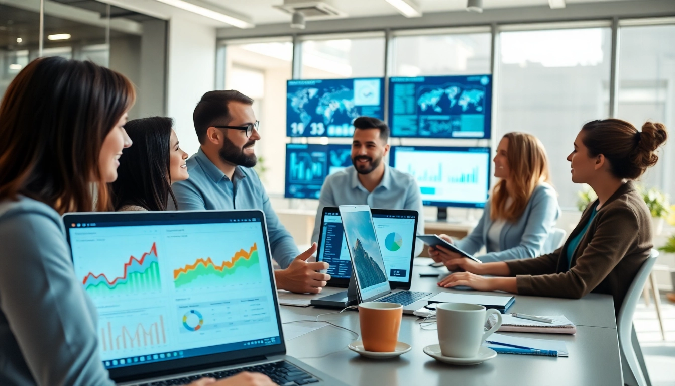 AI for competitor analysis visualization with analysts collaborating in a modern office.